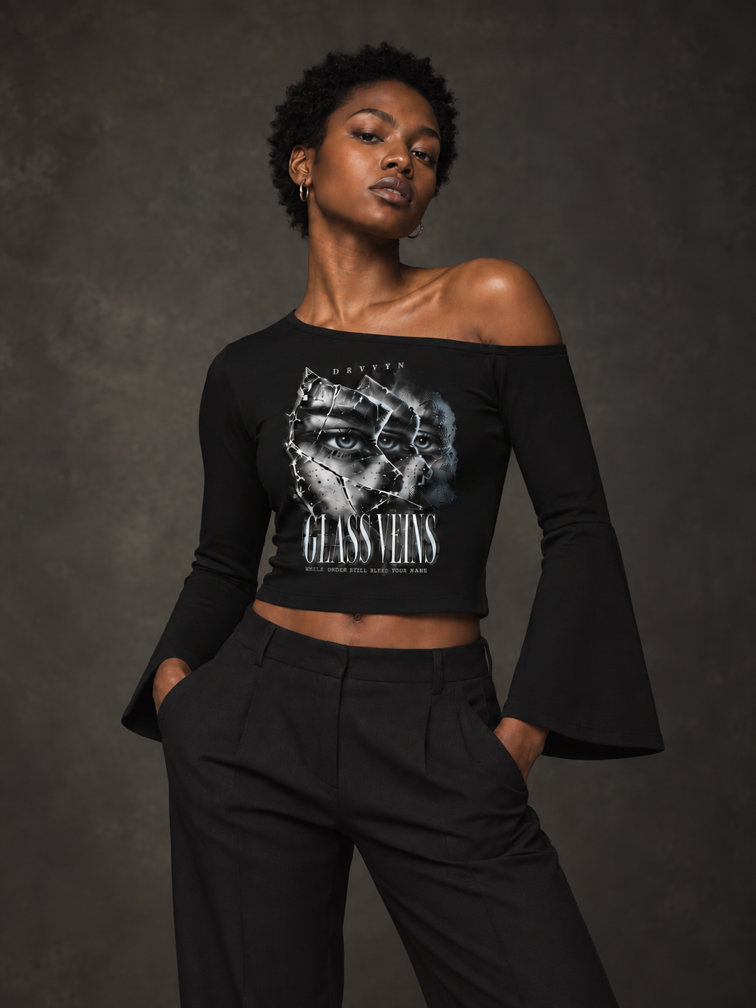 DRVVYN Glass Veins Off-Shoulder Top — Black