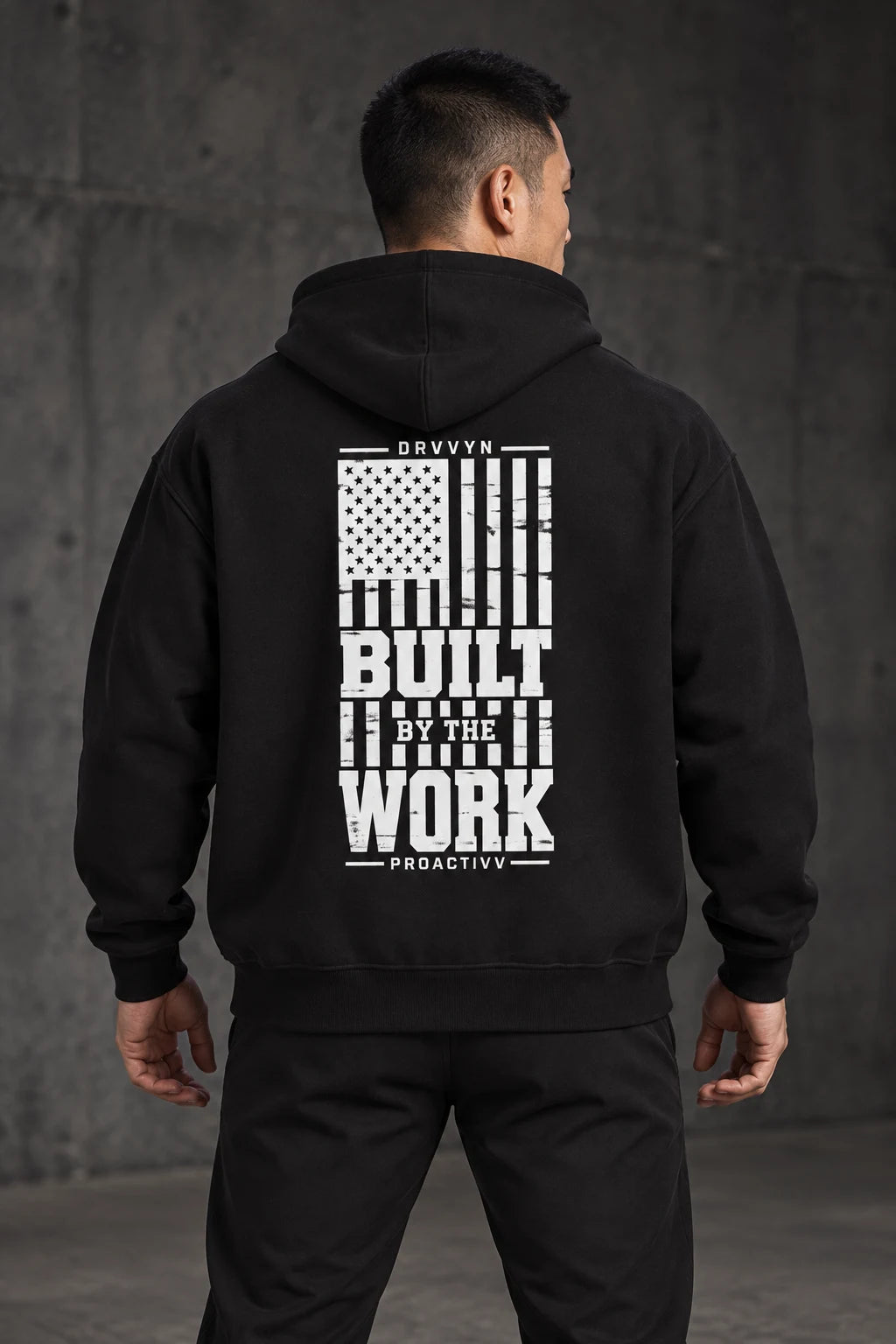DRVVYN Proactivv Built By The Work — mens hoodie, back view on model