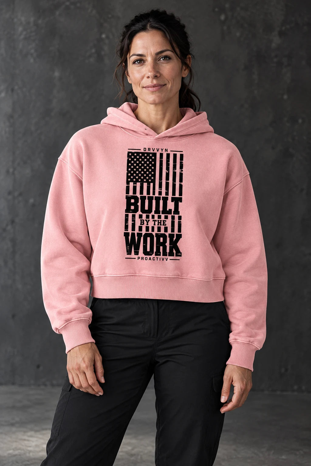 DRVVYN Proactivv Built By The Work — womens hoodie, front view on model
