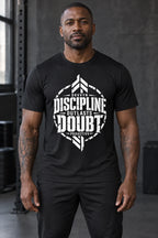 DRVVYN Proactivv Discipline Outlasts Doubt — mens performance tee, front view on model