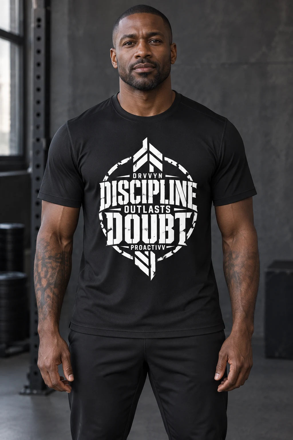 DRVVYN Proactivv Discipline Outlasts Doubt — mens performance tee, front view on model