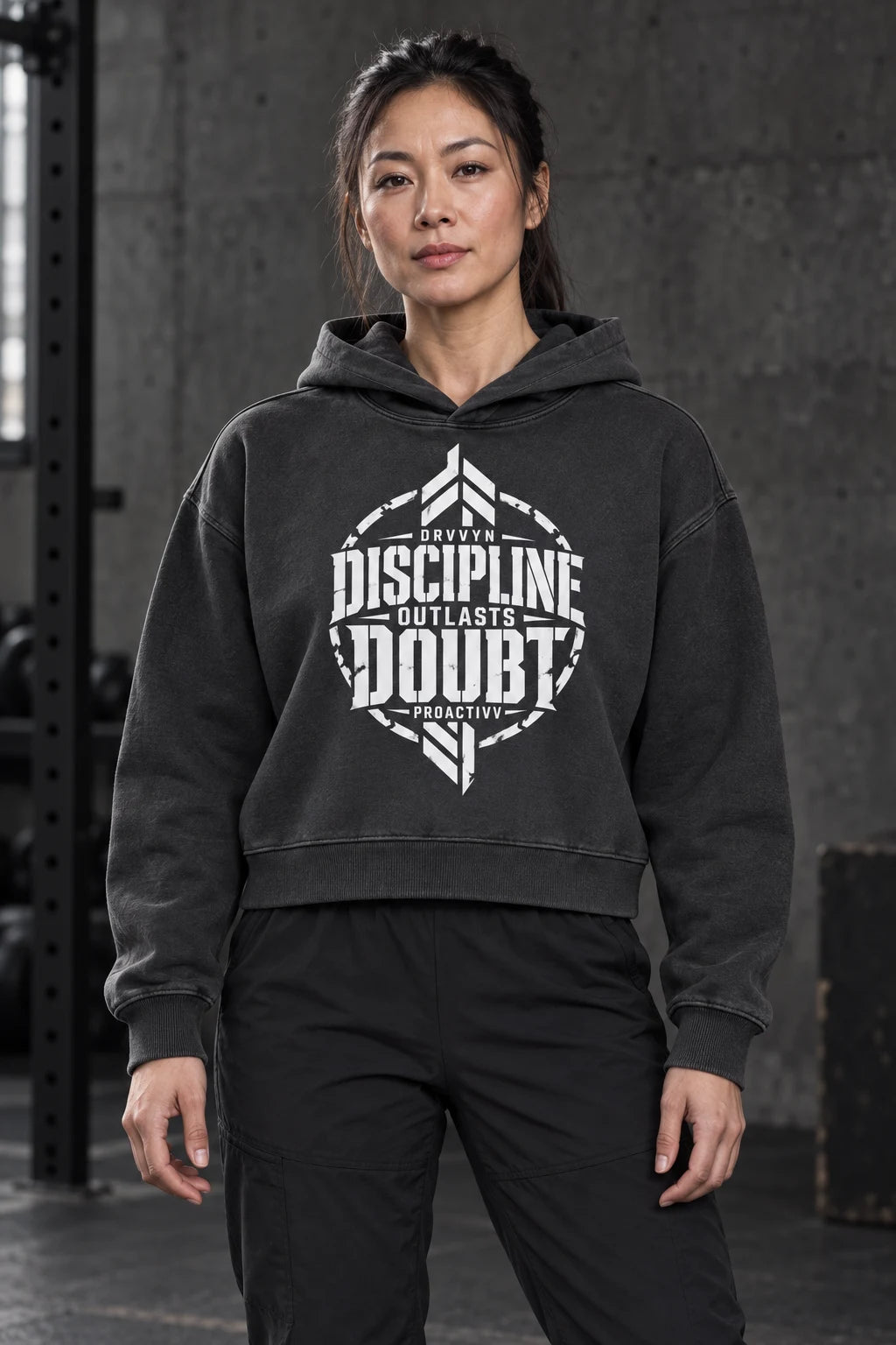 DRVVYN Proactivv Discipline Outlasts Doubt — womens hoodie, front view on model