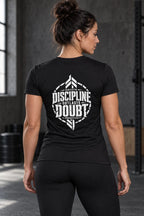 DRVVYN Proactivv Discipline Outlasts Doubt — womens performance tee, back view on model