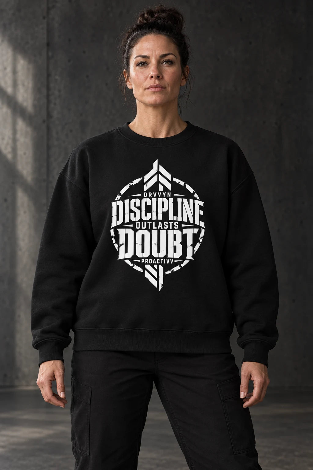 DRVVYN Proactivv Discipline Outlasts Doubt — unisex crewneck, front view on model