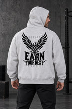 DRVVYN Proactivv Earn Your Next — Gray boxy fleece hoodie with black eagle back print, male model