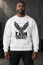 DRVVYN Proactivv Earn Your Next — White heavyweight crewneck with black eagle front print, male model