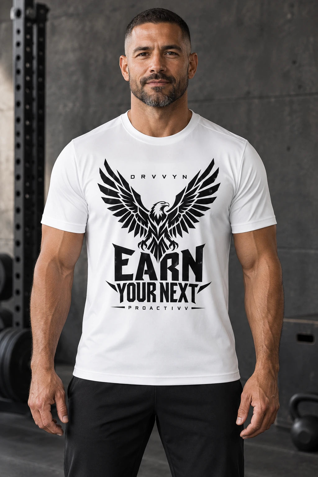 DRVVYN Proactivv Earn Your Next — White performance tee with black eagle front print, male model