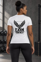 DRVVYN Proactivv Earn Your Next — White fitted performance tee with black eagle back print, female model