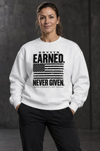 DRVVYN Proactivv Earned Never Given — unisex crewneck, front view on model