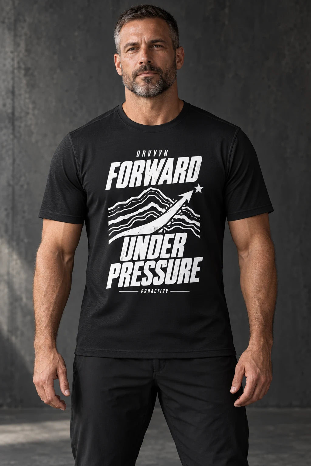 DRVVYN Proactivv Forward Under Pressure — mens performance tee, front view on model