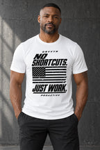 DRVVYN Proactivv No Shortcuts Just Work — mens performance tee, front view on model