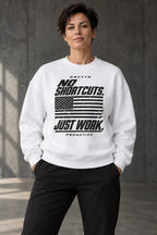 DRVVYN Proactivv No Shortcuts Just Work — unisex crewneck, front view on model